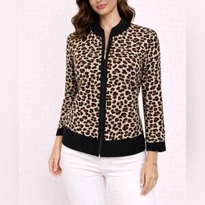 Misook Jacket Cardigan Animal Print Black Red Brown M Medium Stretch Career